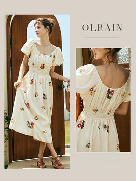 OLrain欧芮儿法式碎花方领连衣裙女夏季2023新款收腰肌理感刺绣裙