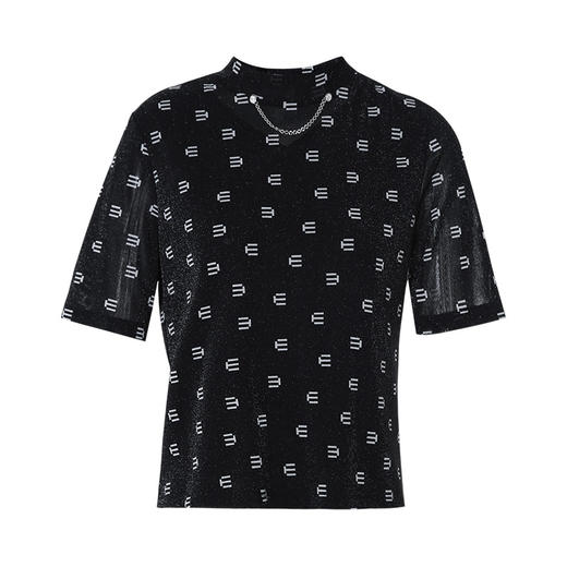 EITIE爱特爱夏新款气质半高领字母印花金丝短袖针织显瘦T恤上衣A2313107 商品图5