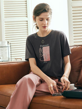 OLrain欧芮儿法式深灰色短袖T恤女夏季2023新款宽松重工刺绣上衣