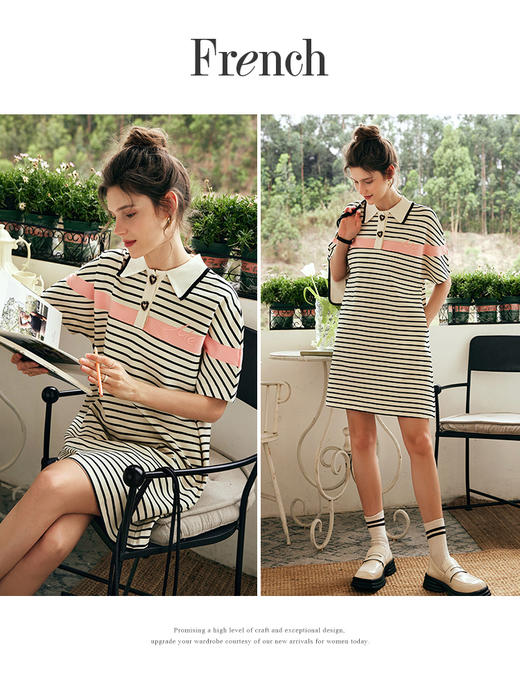 OLrain欧芮儿法式POLO领条纹连衣裙女夏季2023新款宽松撞色卫衣裙 商品图2