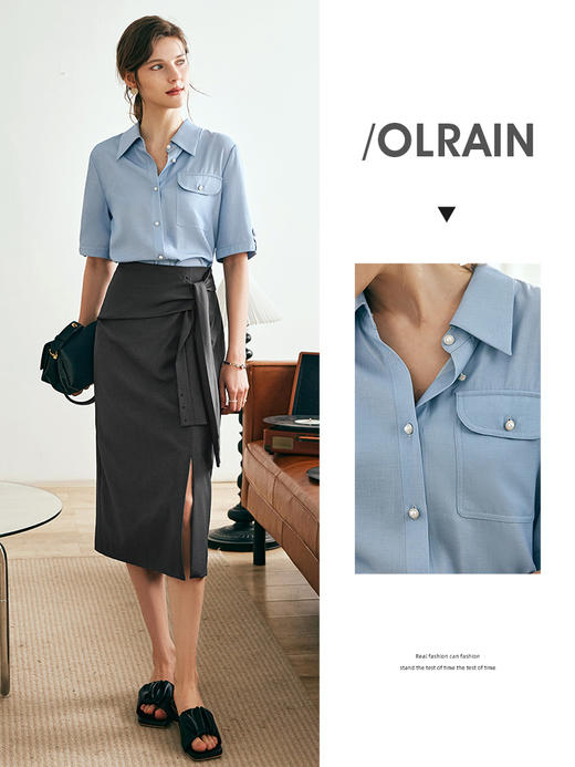 OLrain欧芮儿法式蓝色短袖衬衫女夏季2023年新款宽松百搭通勤衬衣 商品图1