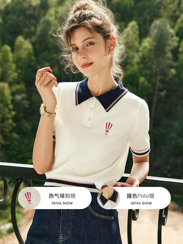 OLrain欧芮儿法式米白色polo针织衫女夏季2023新款宽松学院风上衣