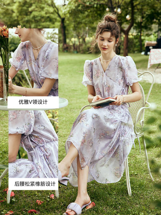 OLrain欧芮儿法式V领碎花连衣裙女夏季2023年新款收腰小清新裙子 商品图1