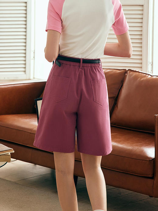 OLrain欧芮儿法式玫红色休闲裤女夏季2023新款高腰直筒阔腿五分裤 商品图2