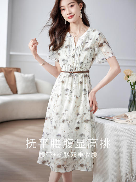 【专属特价】熙世界水墨花色复古连衣裙女2025新款夏季法式桔梗气质收腰小裙子 商品图1