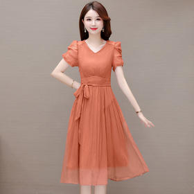 QYM 23A72-Y时尚连衣裙纯色腰带裙中长款褶皱雪纺