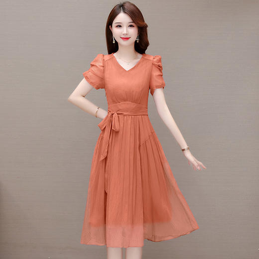 QYM 23A72-Y时尚连衣裙纯色腰带裙中长款褶皱雪纺 商品图0