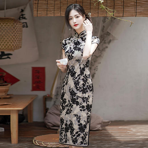 日常优雅，中长日常优雅年轻款复古改良真丝旗袍WXG-D345 商品图3