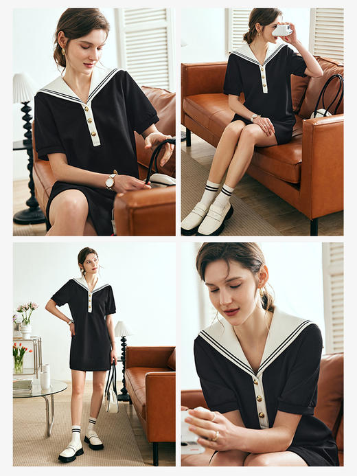 OLrain欧芮儿法式海军领连衣裙女夏季2023新款宽松黑色减龄卫衣裙 商品图1