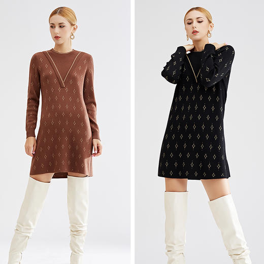 【特价款不退不换】阿菁娜秋冬新款原创复古花纹三色芝麻点提花减龄高级两件式A27D312035 商品图0