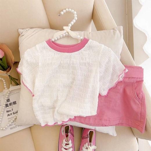【女童T恤2023新款经典小圆领粉色裙】夏季女宝宝网红洋气皱布儿童时髦上衣短袖夏装潮，舒适透气 商品图5