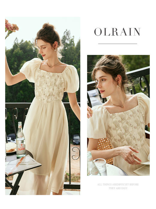 OLrain欧芮儿法式方领网纱连衣裙女夏季2023年新款收腰提花茶歇裙 商品图0