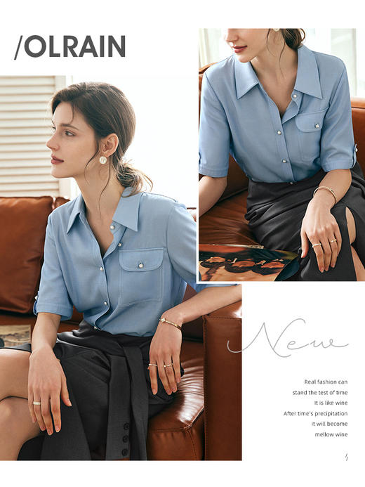 OLrain欧芮儿法式蓝色短袖衬衫女夏季2023年新款宽松百搭通勤衬衣 商品图2