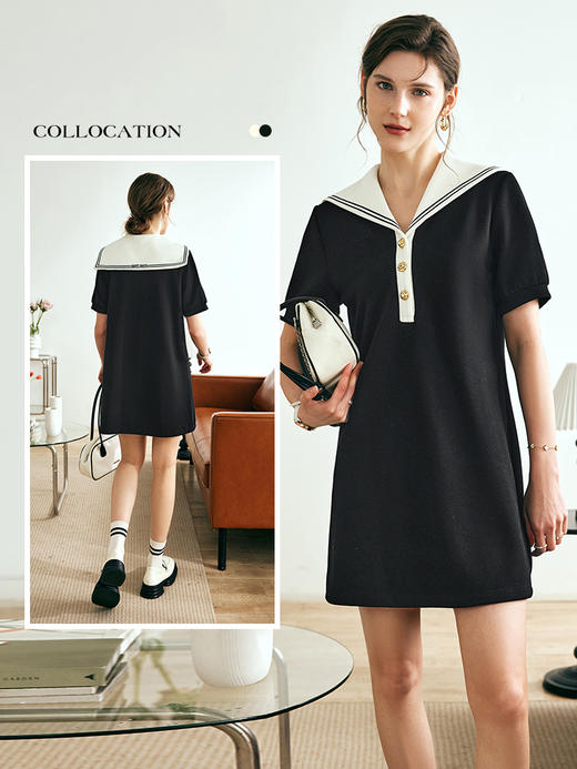 OLrain欧芮儿法式海军领连衣裙女夏季2023新款宽松黑色减龄卫衣裙 商品图2