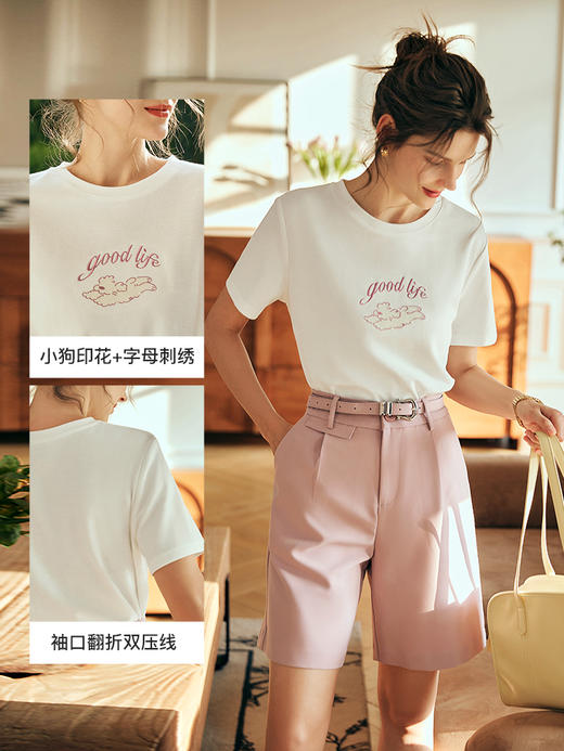 OLrain欧芮儿法式米白色短袖T恤女夏季2023新款宽松印花刺绣上衣 商品图1