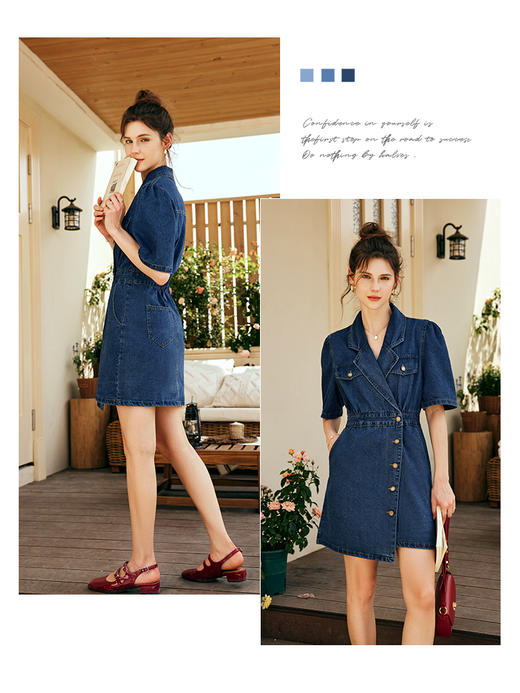 OLrain欧芮儿法式西装领牛仔连衣裙女夏季2023新款收腰不规则裙子 商品图2
