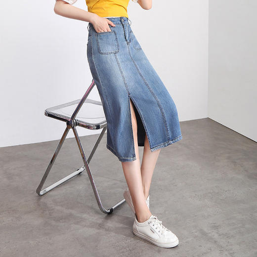 修身时尚，牛仔拼接中长款A字裙夏款高腰休闲侧开叉时髦半身裙MYX-33127 商品图2