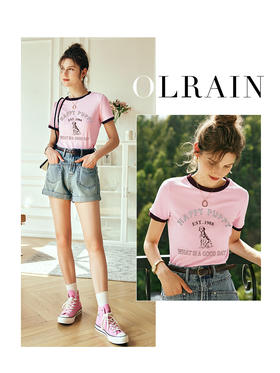 OLrain欧芮儿法式粉紫色短袖T恤女夏季2023新款修身撞色印花上衣