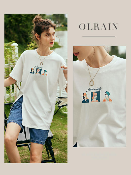 OLrain欧芮儿法式米白色短袖T恤女夏季2023新款宽松印花开叉上衣 商品图3