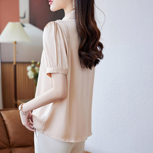 法式纯色上衣，真丝短袖衬衫女设计感小众夏季泡泡袖桑蚕丝衬衣KQN-60180 商品图3