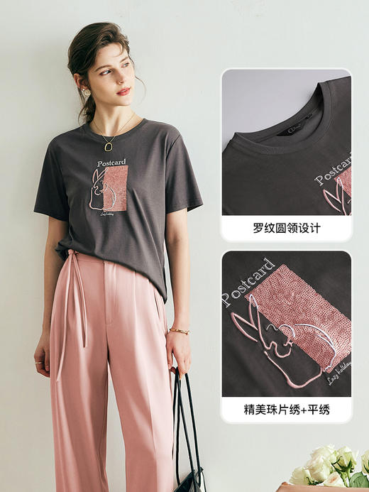 OLrain欧芮儿法式深灰色短袖T恤女夏季2023新款宽松重工刺绣上衣 商品图1