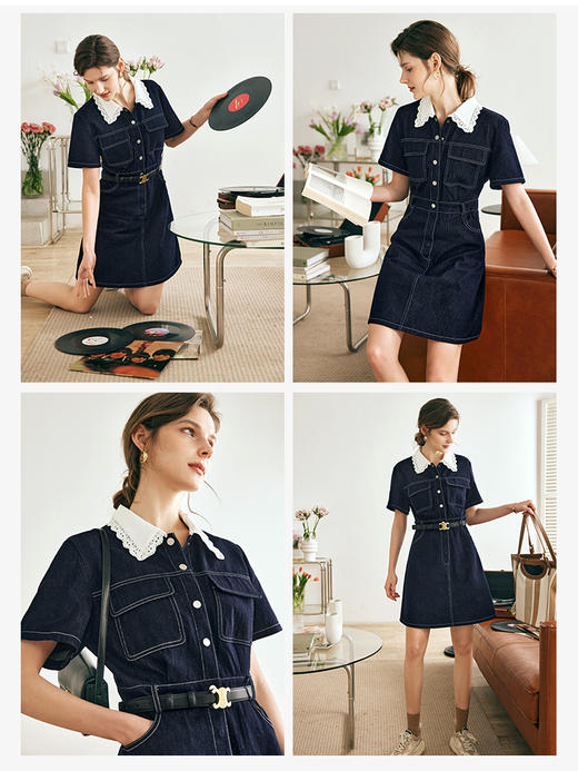 OLrain欧芮儿法式牛仔连衣裙女夏季2023新款收腰蕾丝领撞色A字裙 商品图2