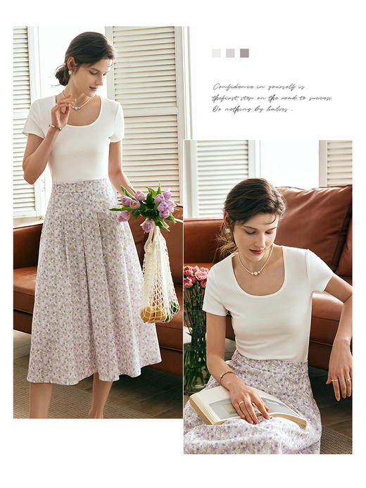 OLrain欧芮儿法式米白色短袖T恤女夏季2023年新款修身针织套头衫 商品图0