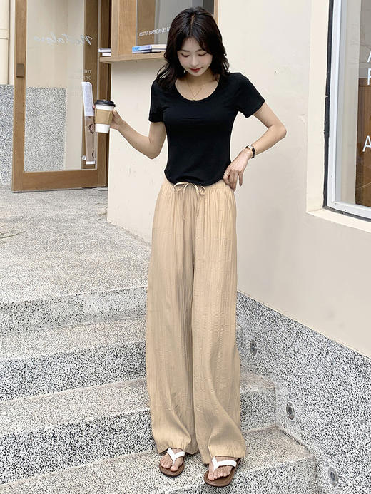 凉凉冰丝  高级褶皱肌理感OLrain欧芮儿法式冰爽休闲裤女夏季2023新款高腰垂感阔腿防晒裤子 商品图10