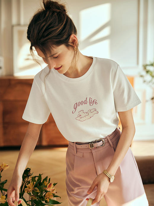 OLrain欧芮儿法式米白色短袖T恤女夏季2023新款宽松印花刺绣上衣 商品图2