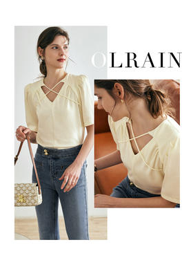 OLrain欧芮儿法式v领短袖T恤女夏季2023年新款宽松泡泡袖时髦上衣