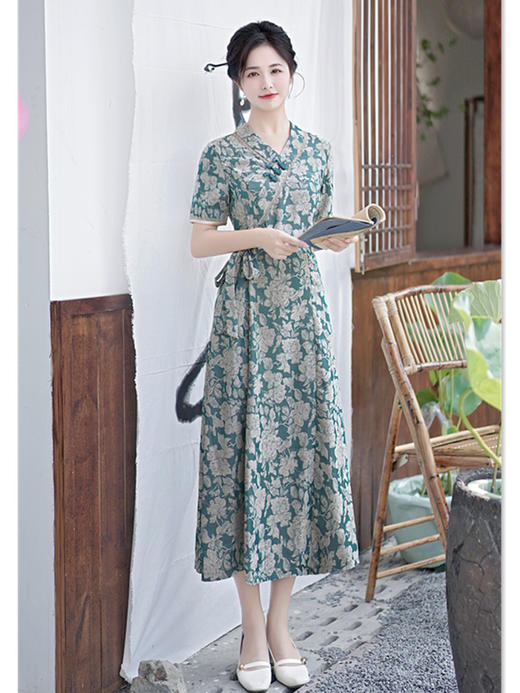 GX现代时尚改良新中式长款旗袍连衣裙2023夏新款低领日常旗袍大摆裙 商品图1
