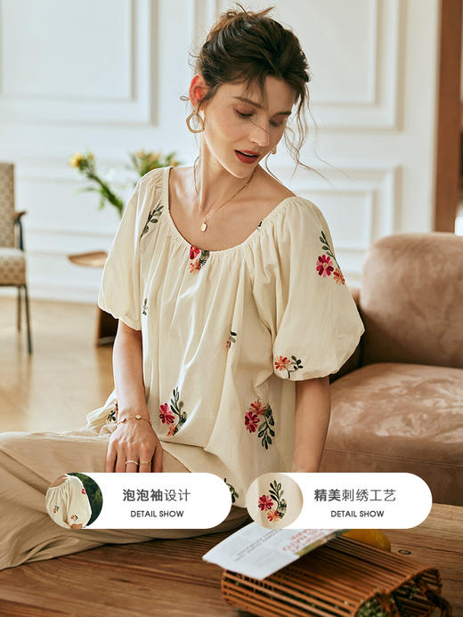 OLrain欧芮儿法式方领碎花蕾丝雪纺衫女夏季2023新款宽松刺绣小衫 商品图1