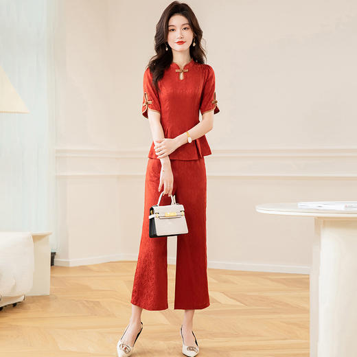 时尚两件套裤装，复古印花套装中老年短袖打底衫直筒九分裤套装QYM-TB-CY1428-Y 商品图2