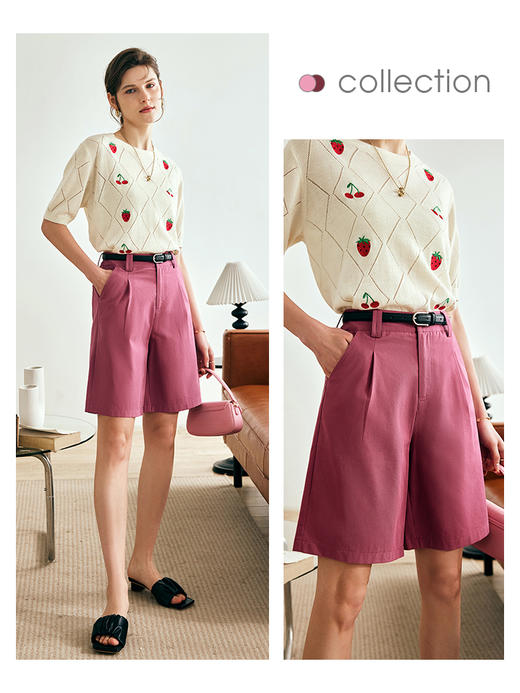 OLrain欧芮儿法式玫红色休闲裤女夏季2023新款高腰直筒阔腿五分裤 商品图0