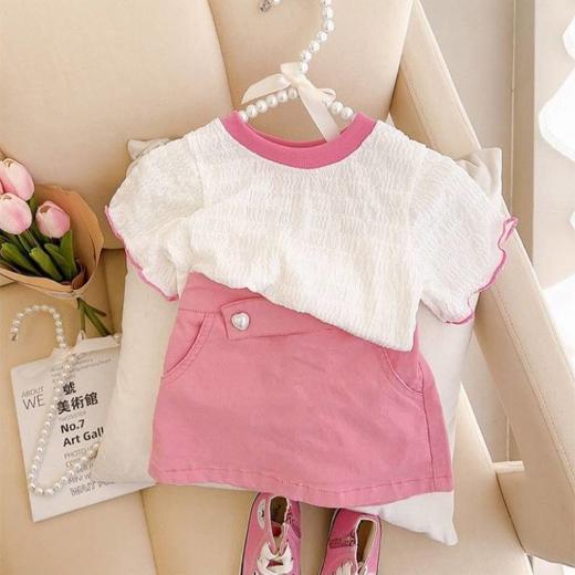 【女童T恤2023新款经典小圆领粉色裙】夏季女宝宝网红洋气皱布儿童时髦上衣短袖夏装潮，舒适透气 商品图0