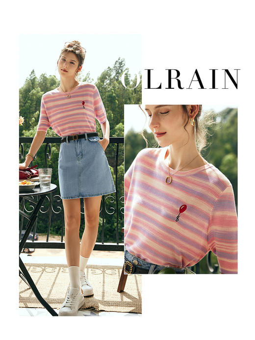OLrain欧芮儿法式条纹针织衫女夏季2023年新款宽松刺绣撞色套头衫 商品图0