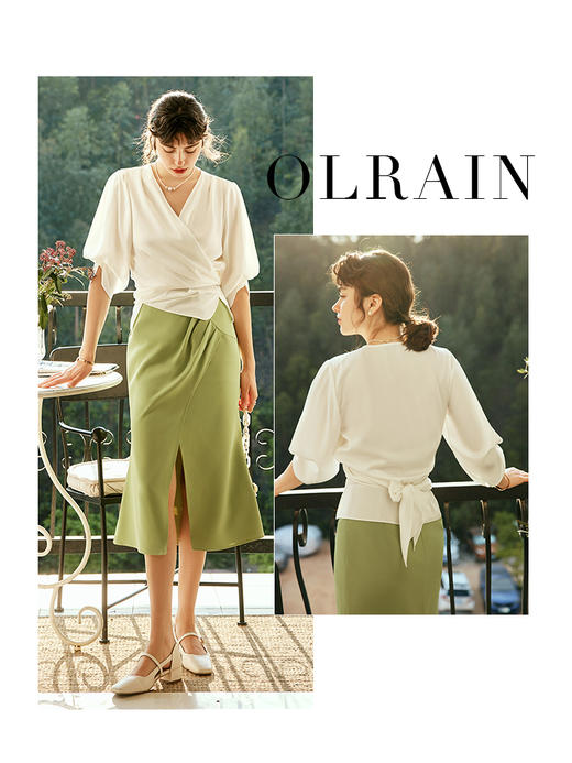 OLrain欧芮儿法式V领杏色衬衫女夏季2023年新款宽松气质休闲衬衣 商品图1