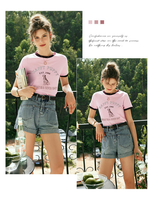 OLrain欧芮儿法式粉紫色短袖T恤女夏季2023新款修身撞色印花上衣 商品图2