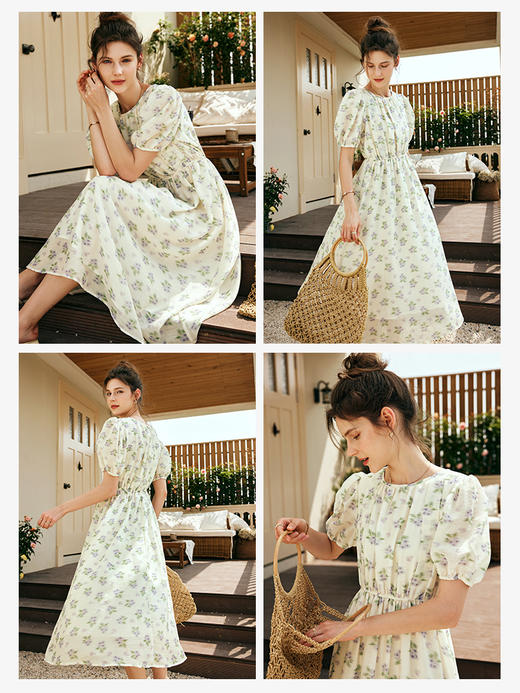 OLrain欧芮儿法式碎花连衣裙女夏季2023年新款收腰肌理感A字摆裙 商品图2