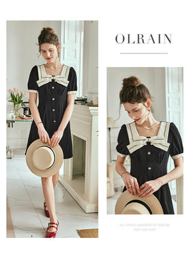OLrain欧芮儿法式方领小香风连衣裙女夏季2023新款收腰小个子裙子