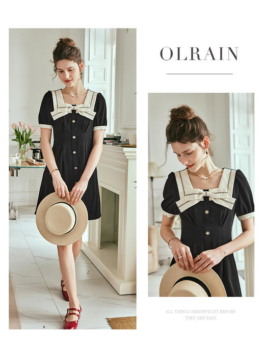 OLrain欧芮儿法式方领小香风连衣裙女夏季2023新款收腰小个子裙子 商品图0