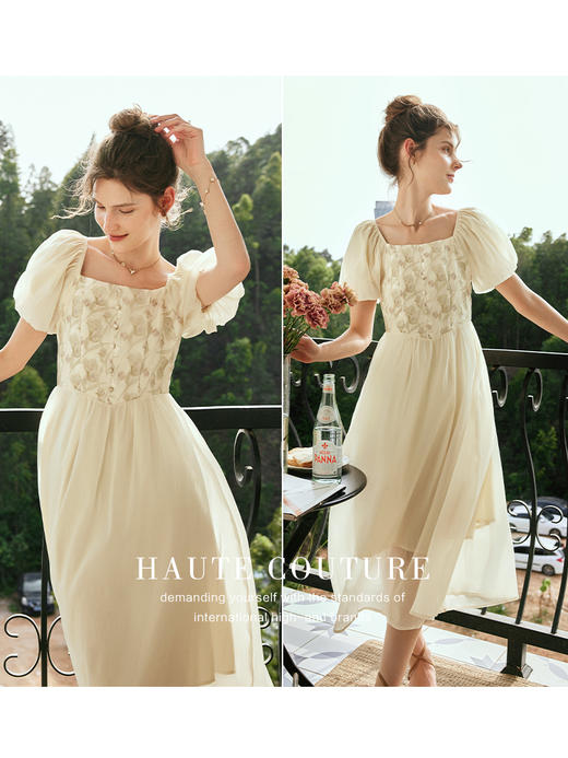 OLrain欧芮儿法式方领网纱连衣裙女夏季2023年新款收腰提花茶歇裙 商品图2