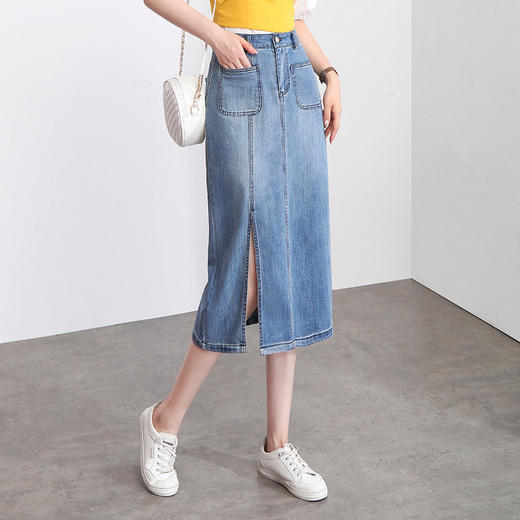 修身时尚，牛仔拼接中长款A字裙夏款高腰休闲侧开叉时髦半身裙MYX-33127 商品图1