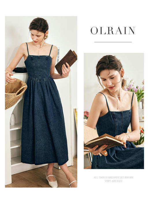 OLrain欧芮儿法式牛仔吊带连衣裙女夏季2023年新款收腰复古背心裙 商品图0