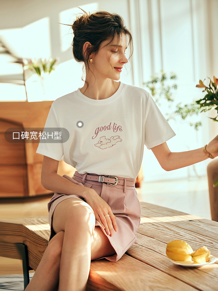 OLrain欧芮儿法式米白色短袖T恤女夏季2023新款宽松印花刺绣上衣