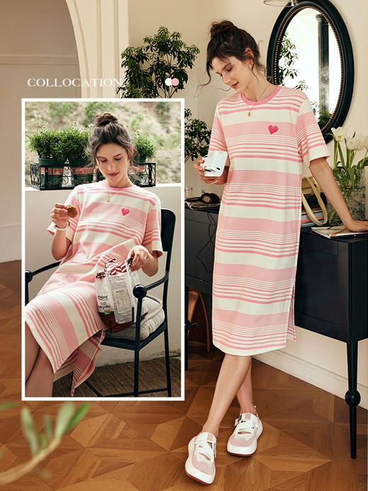 OLrain欧芮儿法式条纹连衣裙女夏季2023新款宽松撞色开叉T恤裙子 商品图3