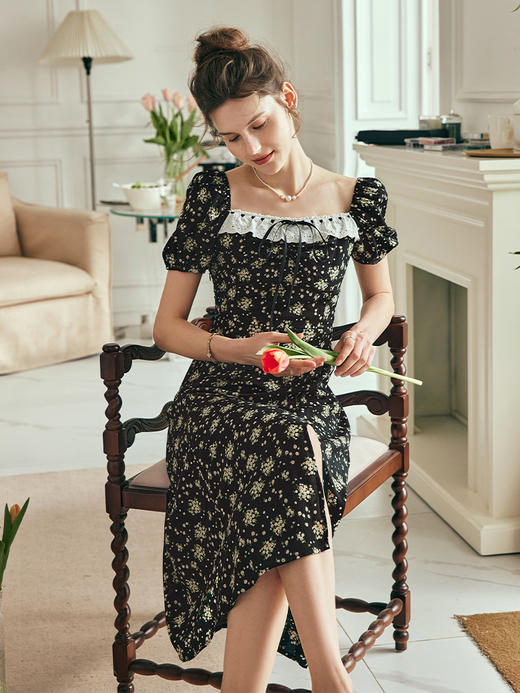 OLrain欧芮儿法式方领碎花连衣裙女夏季2023年新款收腰泡泡袖裙子 商品图3