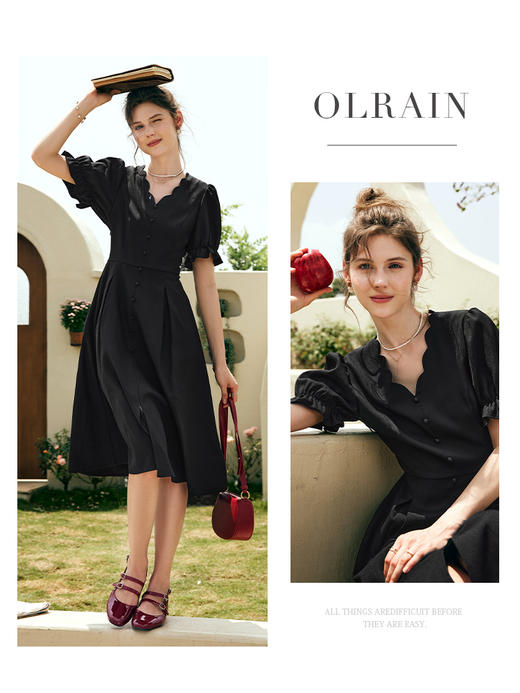 OLrain欧芮儿法式黑色V领连衣裙女夏季2023新款收腰复古开叉裙子 商品图0