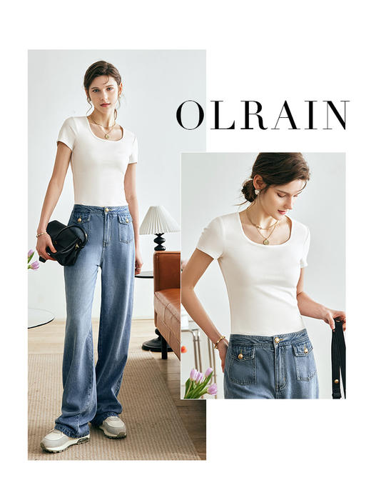 OLrain欧芮儿法式米白色短袖T恤女夏季2023年新款修身针织套头衫 商品图2