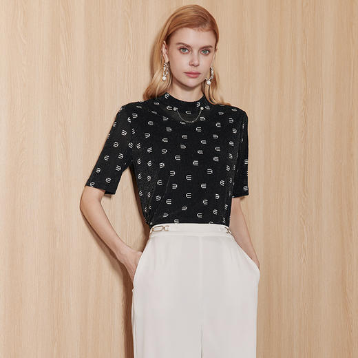 EITIE爱特爱夏新款气质半高领字母印花金丝短袖针织显瘦T恤上衣A2313107 商品图1